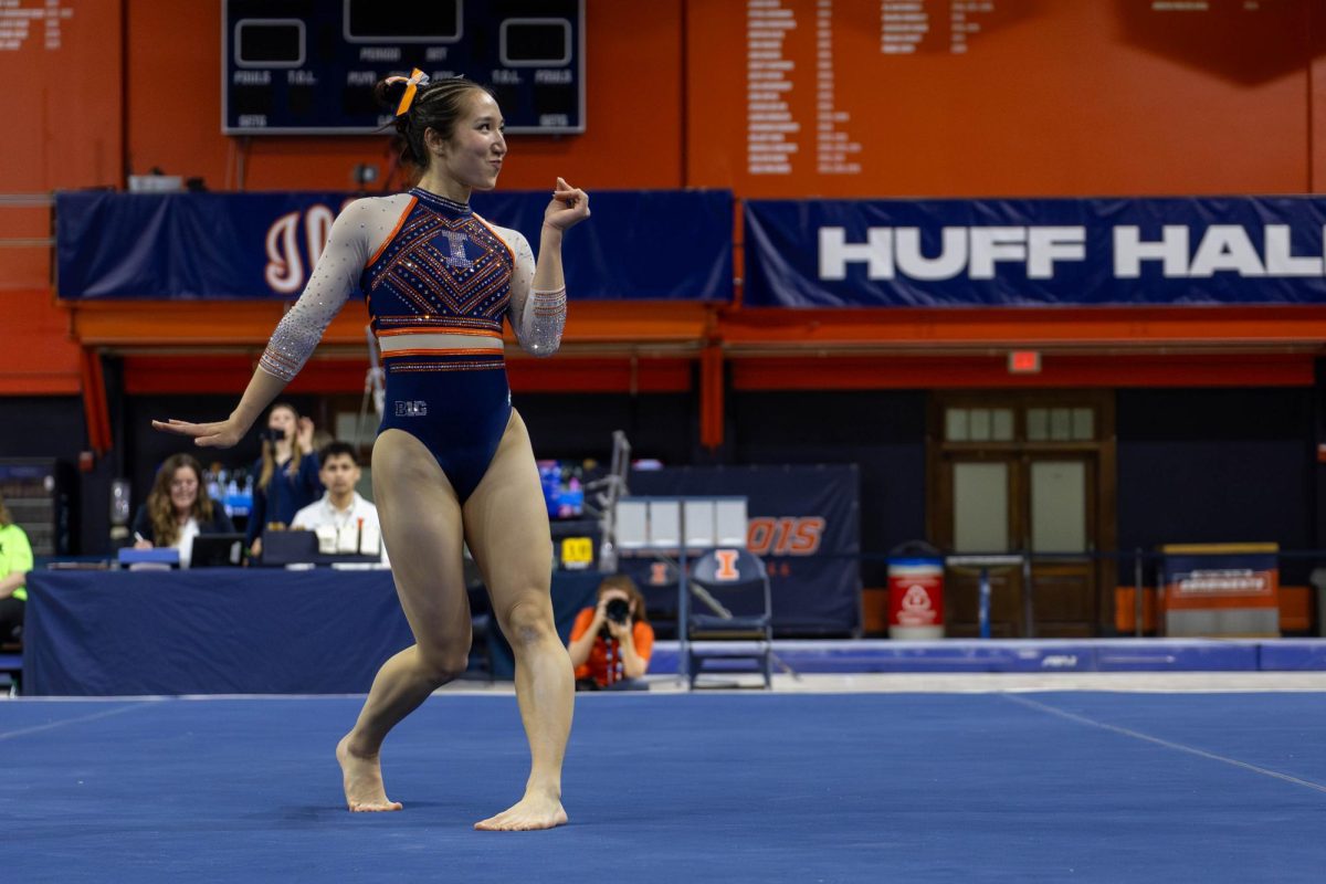 Chloe Cho performs her floor routine at the gymnastics meet against Alabama in Huff Hall on Mar 8.