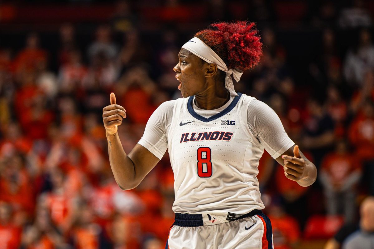 Junior Guard Jasmine Brown-Hagger shouts toward her teammates during the Illinois vs. Minnesota game on March 1.
