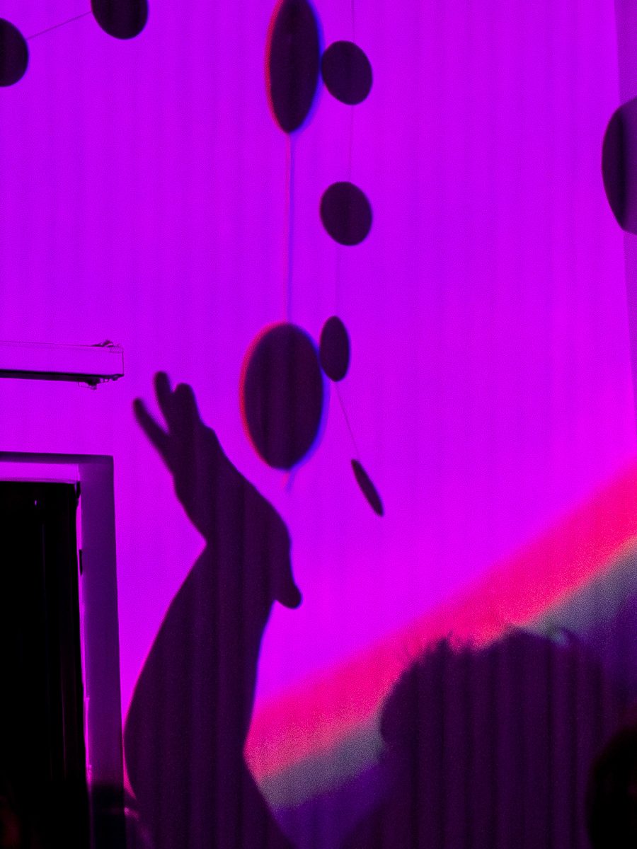 Students dancing and singing at an Unofficial apartment crawl cast shadows on the wall Saturday night.