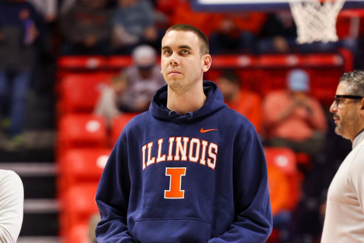 Redshirt sophomore forward Toni Bilić stands at halfcourt ahead of Illinois’ Jan. 21 game against Maryland.