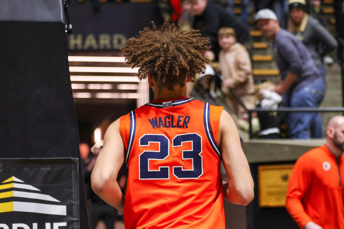 Freshman guard Keaton Wagler runs back toward the locker room after dropping 46 points at Mackey Arena on Jan. 24.