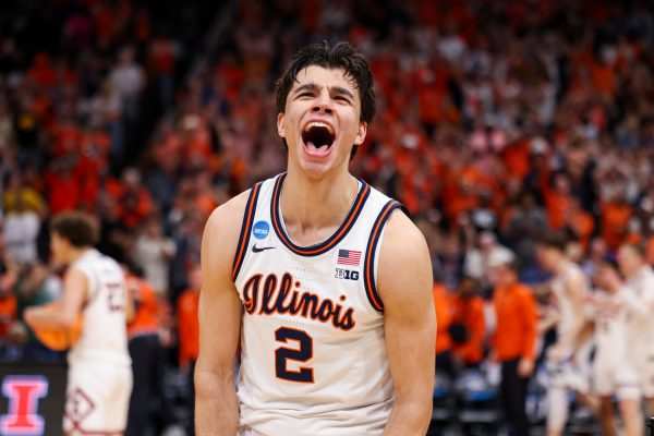 Junior wing Andrej Stojaković screams during the final seconds of Illinois’ Elite Eight win over Iowa.