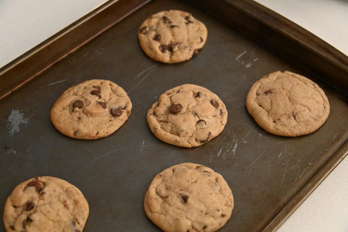 Warm, freshly baked cookies sit together on a baking tray on Friday, Feb. 27.
