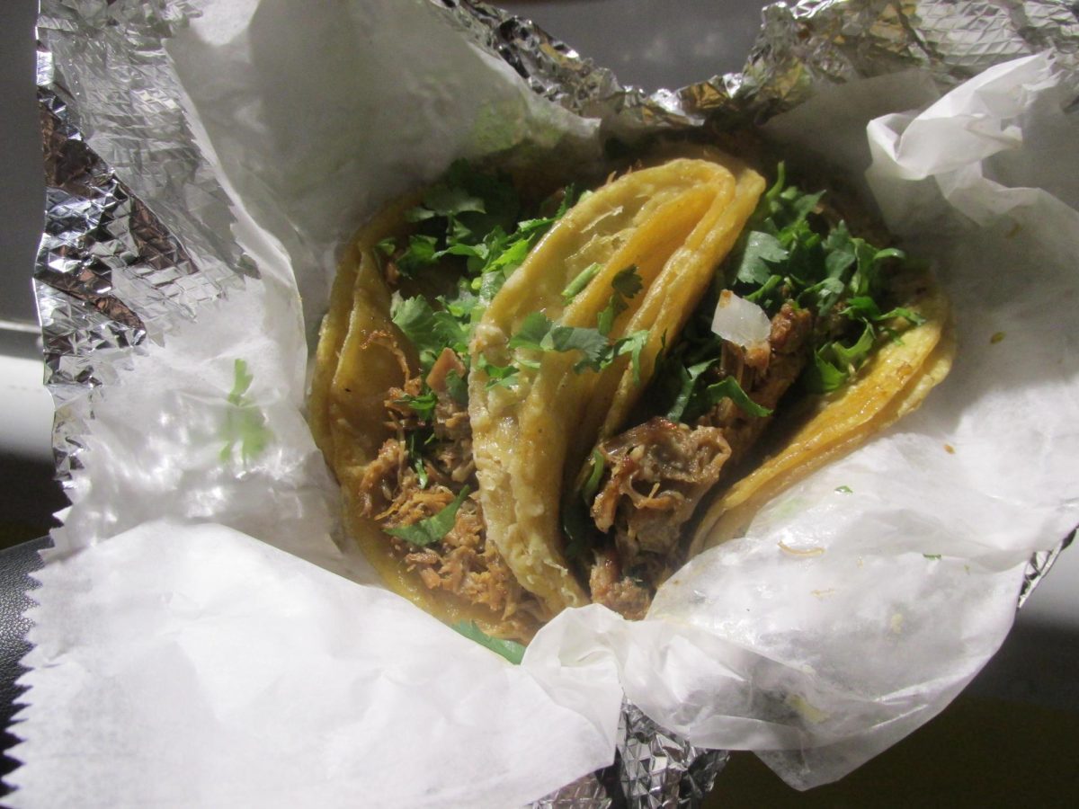 Mexican-style carnitas tacos are illuminated by the light of Mo’s Food Truck outside of Joe’s Brewery on Feb. 26. The food truck draws in many late-night customers due to it's convenient location.