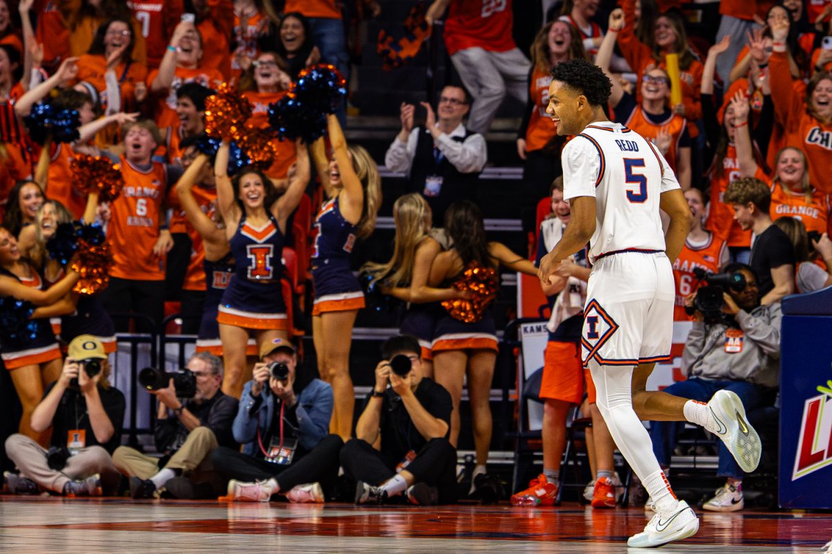 Senior guard AJ Redd runs back on defense after making a three down the stretch of Illinois' March 3 win over Oregon.
