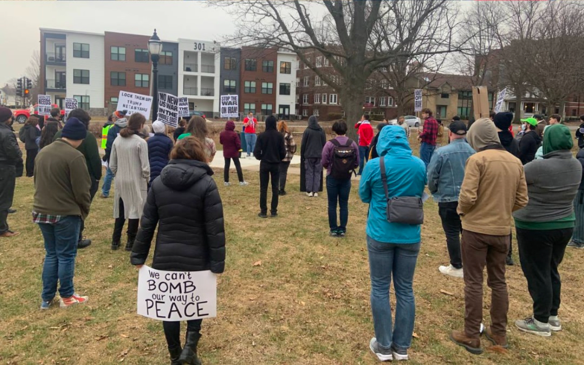 Community members protest the U.S. and Israel striking Iran on Feb. 28.