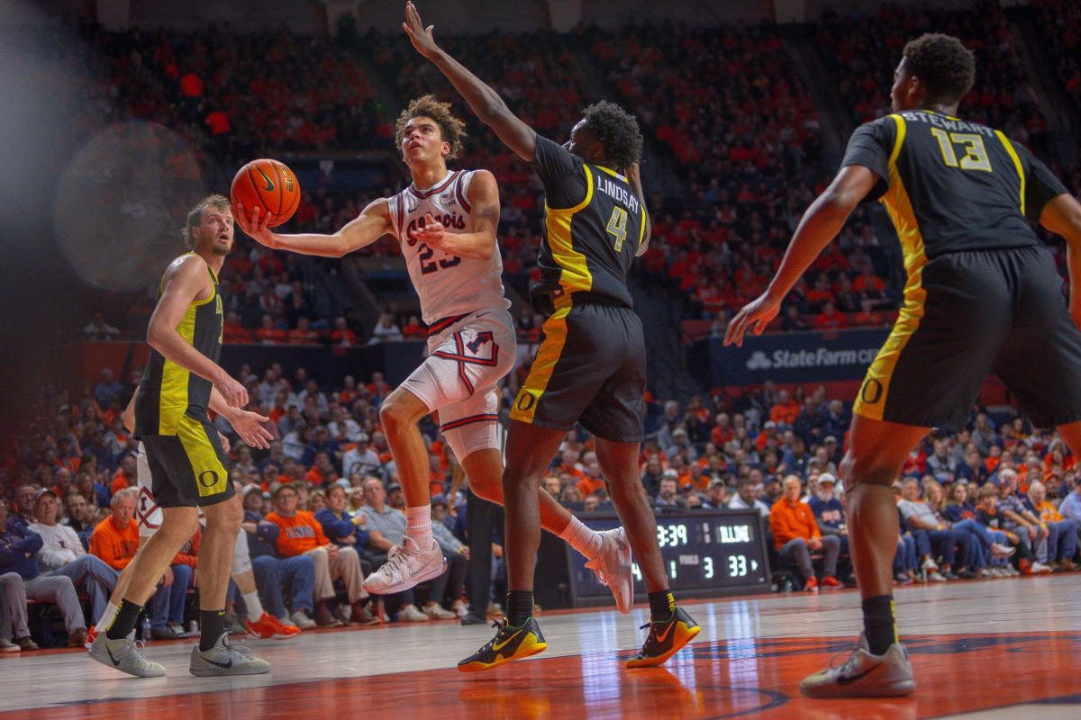 Freshman guard Keaton Wagler rises up for a layup against Oregon on March 3.