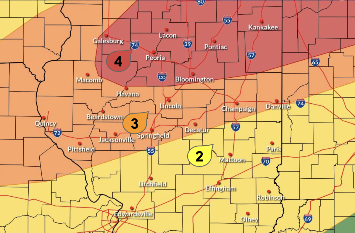 The National Weather Service forecasts an enhanced risk of severe weather across central Illinois Tuesday, with Champaign County under a level three threat.