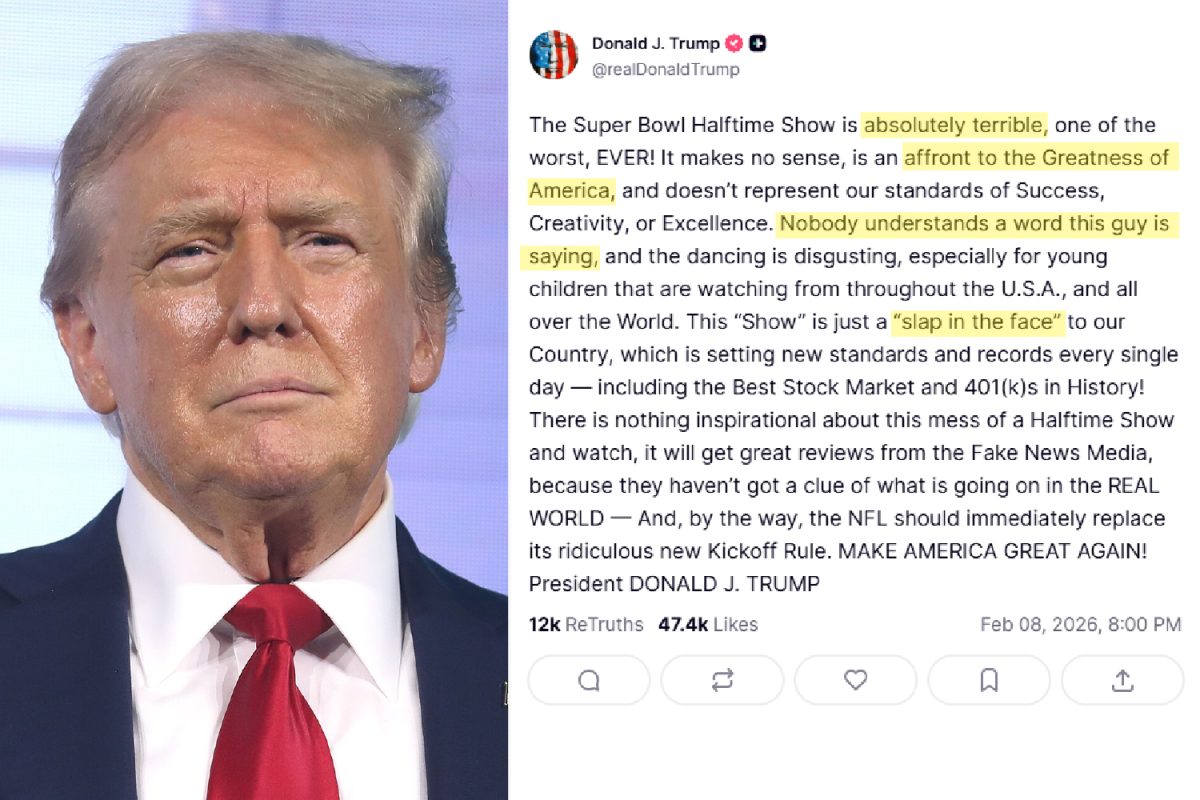 An image of President Donald Trump next to a Truth Social post he made about the Super Bowl LX halftime show on Feb. 8.