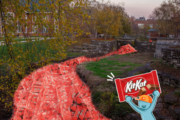 Scout stands at Boneyard Creek, witnessing a hearty stream of recovered KitKats ebb and flow on March 31. Photo by Alyssa Shih. Graphic by Josh Fine and Rikkie Gunawan.