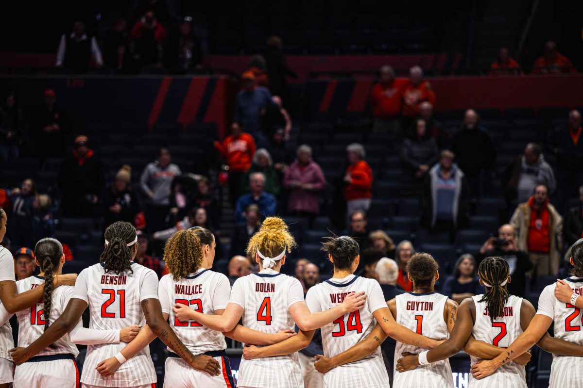 The Illinois women's basketball team looks out to the fans following a victory over Bellarmine on Dec. 2, 2025. Illinois won with a final score of 90-41.