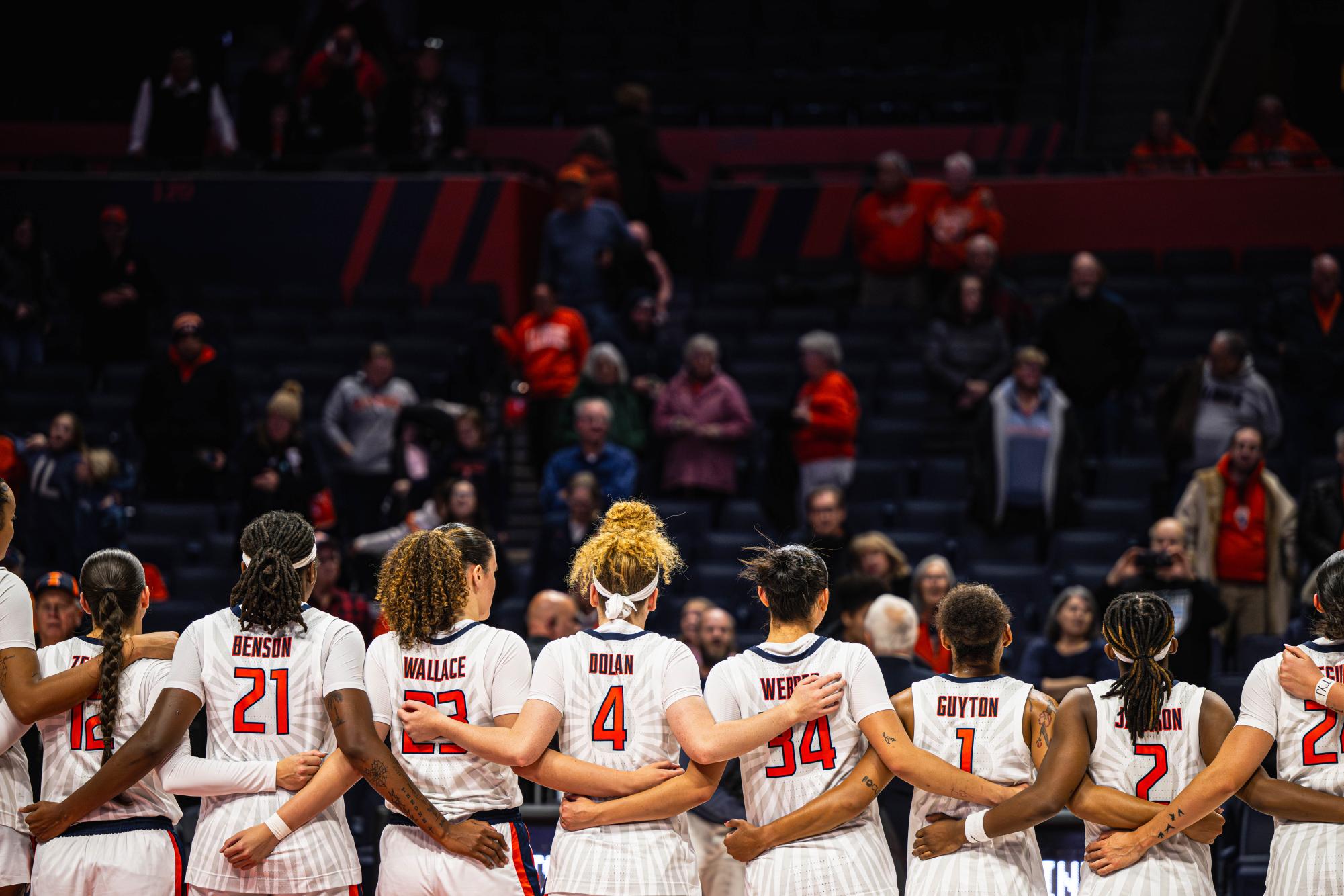 The Illinois women's basketball team looks out to the fans following a victory over Bellarmine on Dec. 2, 2025. Illinois won with a final score of 90-41.