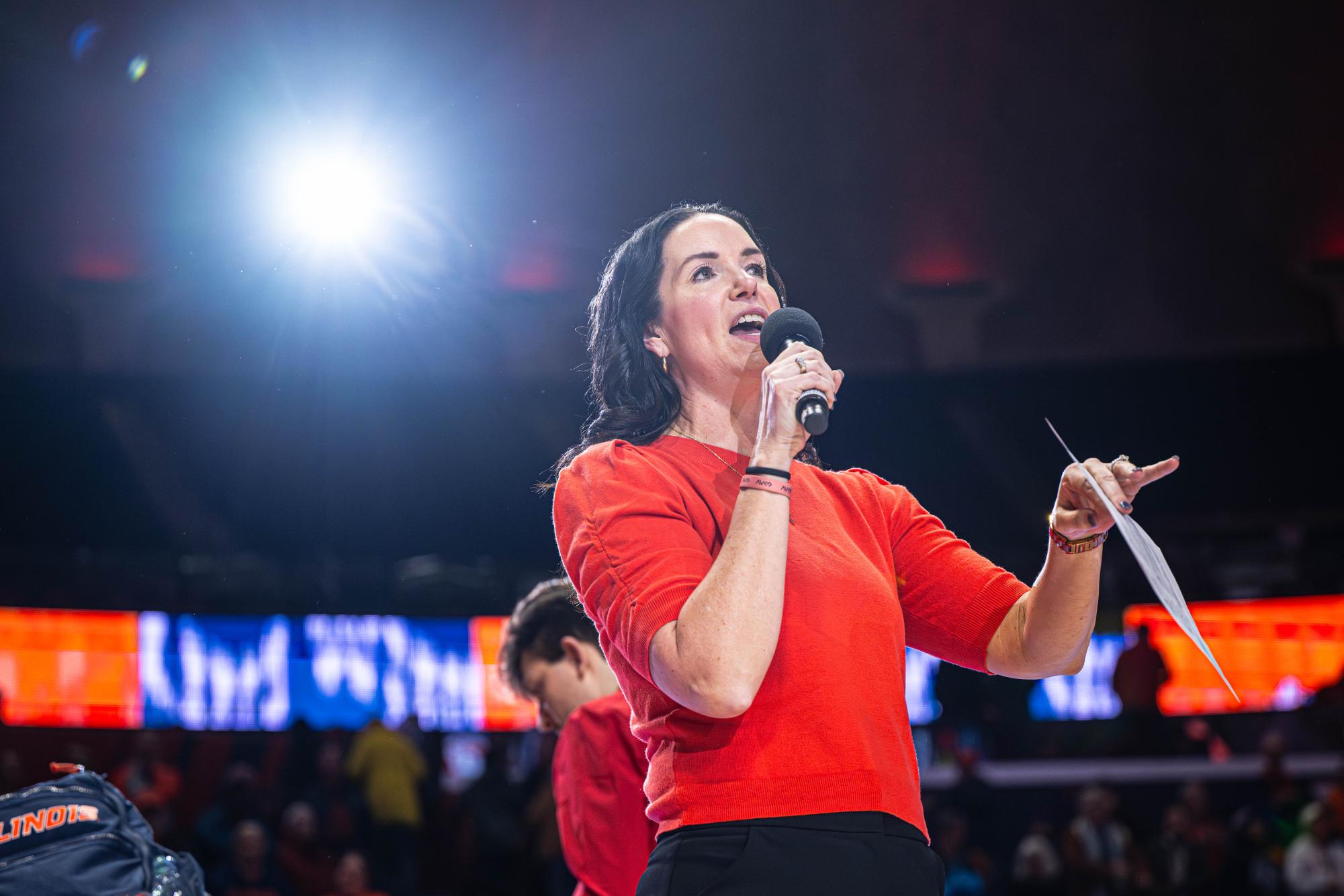 Head coach Shauna Green speaks to Illinois fans following a 92-60 win over Wisconsin on Feb. 11.