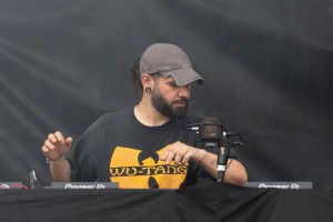 A close-up shot of Skrillex during his set.