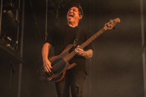 Jaime Preciado sticks out his tongue during the Lollapalooza concert.