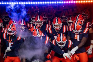 Illinois football players wait in the tunnel as they prepare to run onto the field before the Illinois v Western Illinois game on Aug. 29, 2025. Illinois went on to win their season opener 52-3.