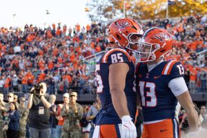 Senior tight end Tanner Arkin and Junior wide receiver Hudson Clement celebrate after a touchdown during the Illinois versus Maryland game on Nov. 15, 2025. Illinois defeated Maryland 24-6.