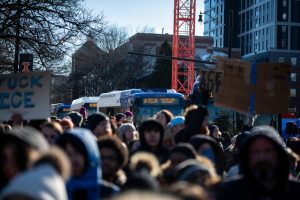 Buses begin lining up along Wright St as protesters take over the intersection of Wright and Green Streets. Delays across MTD lines spread as buses were unable to follow their routes.