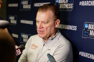 Illinois head coach Brad Underwood speaks with reporters March 19 to preview Illinois’ first-round March Madness game the next day.