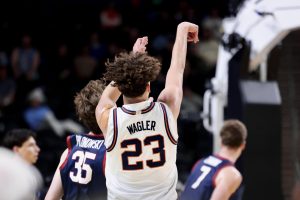 Freshman guard Keaton Wagler follows through on a 3-pointer during Illinois’ first-round win over Penn in the NCAA tournament.