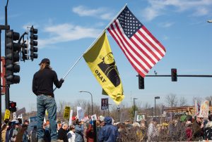 A man waves an American flag alongside a flag that shows a graphic of a viral video in which a student from Lake Zurich high school assaulted another student holding up a sign reading “I love Ice” One man wearing a “Make America Great Again” hat stood near the edge of the protest throughout the duration of the event at the 3rd No Kings protest outside of the Champaign County Courthouse on Saturday.