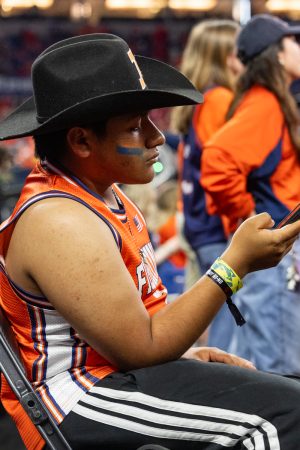 A member of the Illinois student section wears a cowboy hat to Illinois' Final Four game in Indianapolis.