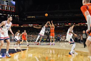 Freshman guard Keaton Wagler shoots a 25-foot three-point shot with 45 seconds left in the game, bringing the score to 66-62. Illinois lost the Final Four matchup 71-62.
